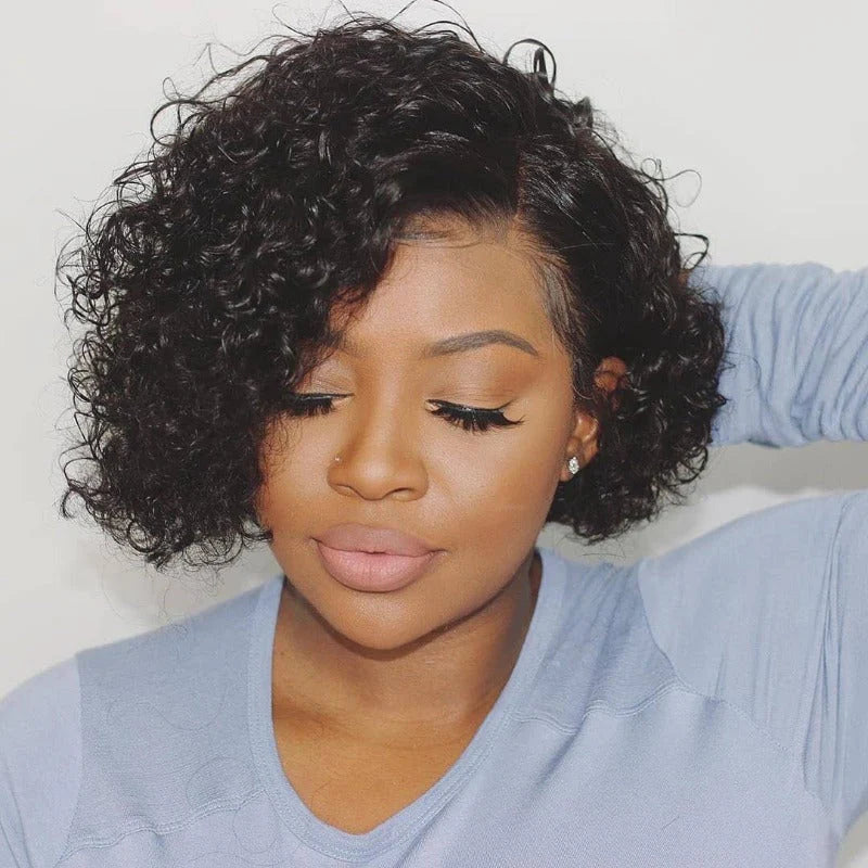 Natural Black Kinky Curl 13x4 Frontal Lace Short Cut Wig