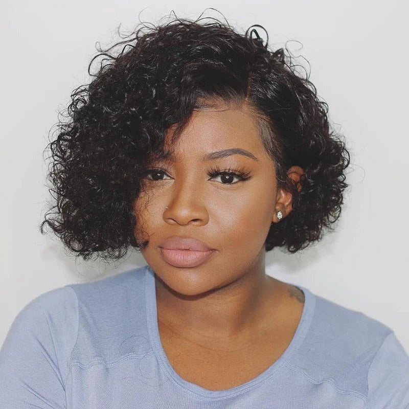 Natural Black Kinky Curl 13x4 Frontal Lace Short Cut Wig