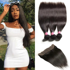 Remy Human Hair Brazilian Straight Hair 3 Bundles with 13X4 Frontal Lace Closure