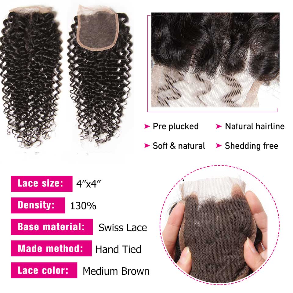 15A Virgin Curly Hair 3 Bundles with 4*4 Lace Closure 100% Human Hair