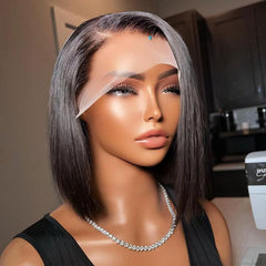 Short Straight Glueless 12" Lace Front Bob Wig Natural Black Pre Plucked Human Hair Bob Wigs