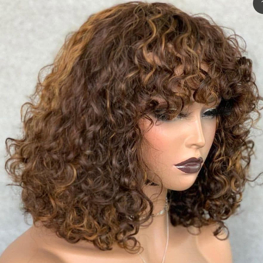 Fringe Curly Brown Mix Color Bob Wig