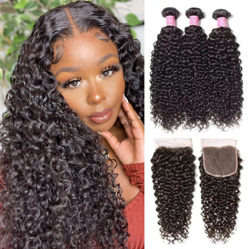 15A Virgin Curly Hair 3 Bundles with 4*4 Lace Closure 100% Human Hair