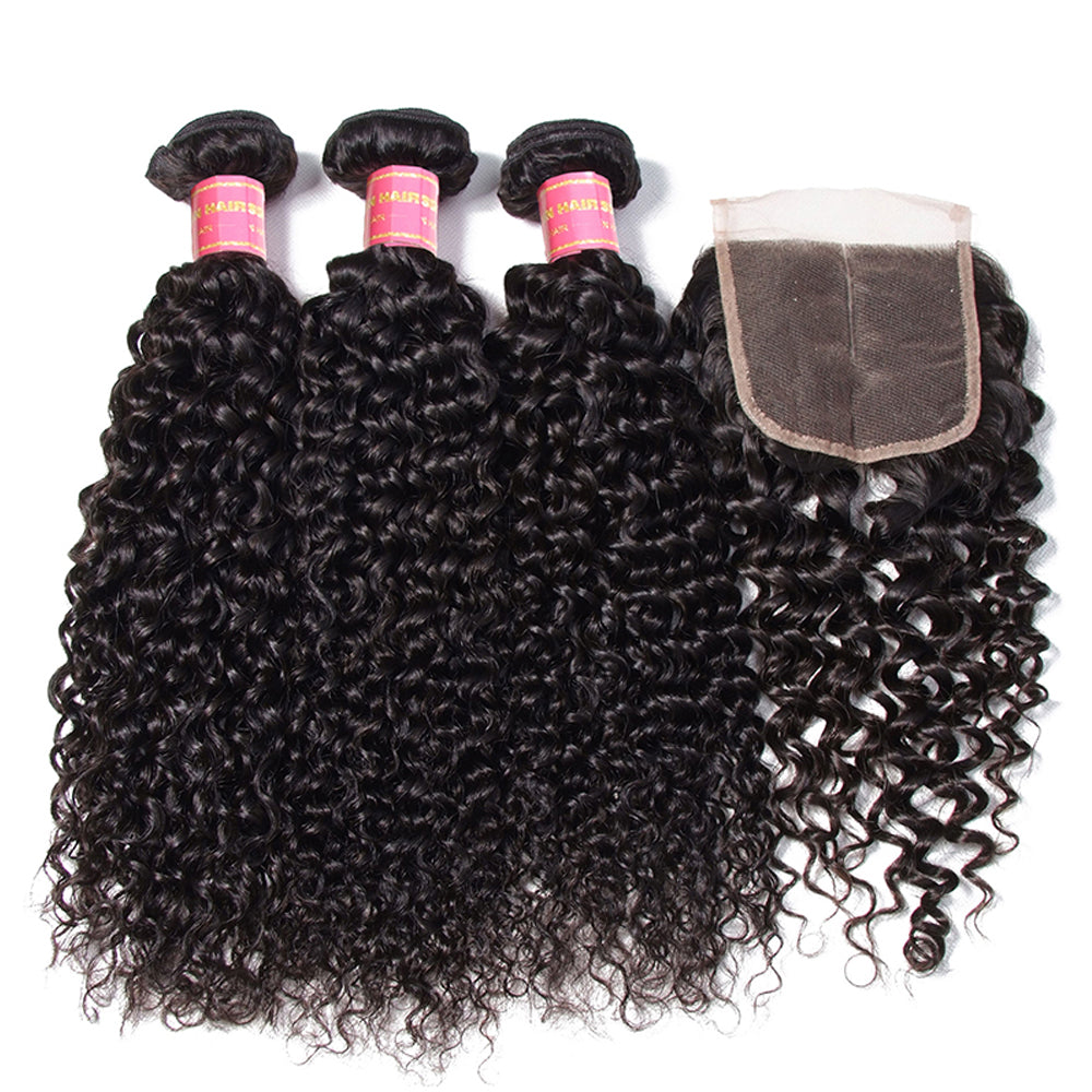 15A Virgin Curly Hair 3 Bundles with 4*4 Lace Closure 100% Human Hair