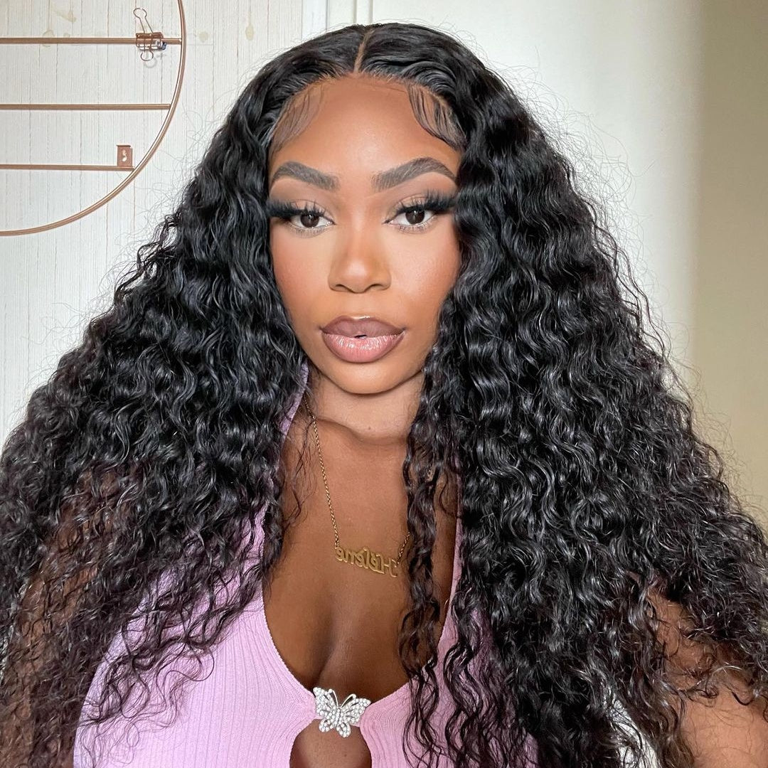 Front Deep Wave 13x4 Transparent Lace Front Natural Black Human Hair Wig