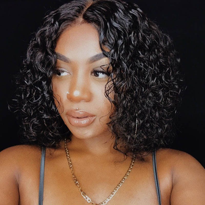 Thick Water Wave Short Bob Wigs 4 By 4 Lace Closure Bob Human Hair Wigs 200% Destiny Volume