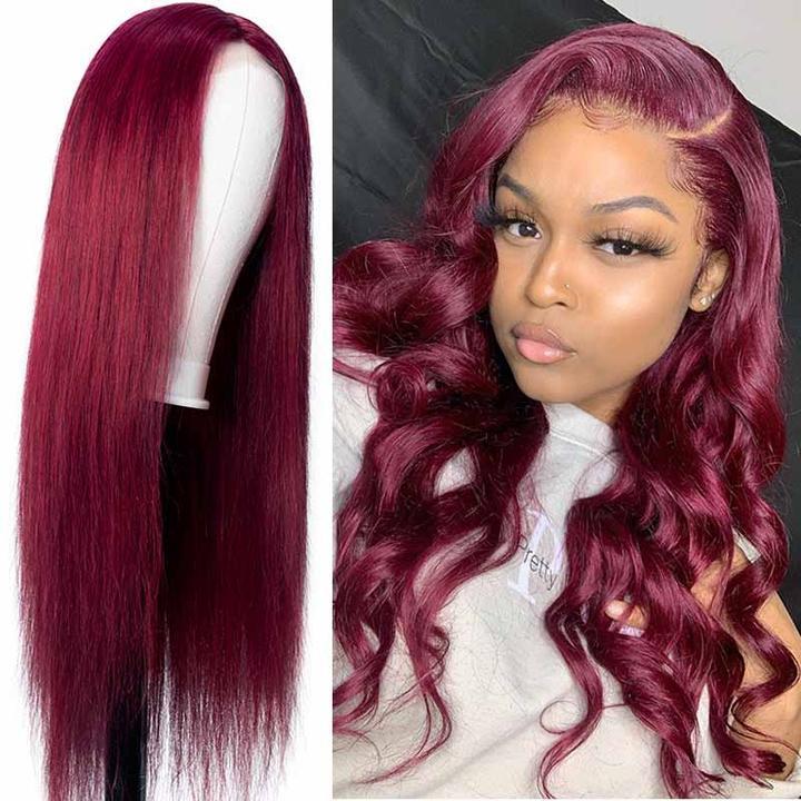 Silk Straight 99J Human Hair 13x4 Frontal Lace Wigs Hand Tied Lace Part Wigs For Woman