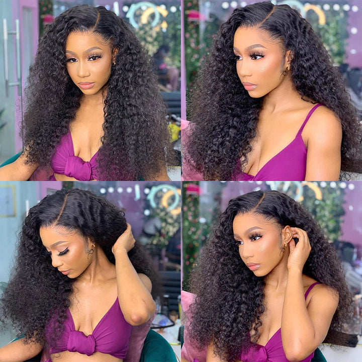 Afro Kinky Curly 4x4 Transparent Lace Closure Wig 180% Density Glueless Human Hair Wig