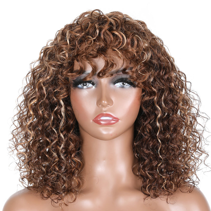 Highlight Fall Color Deep Wave Short Bob Human Hair Wigs With Bangs