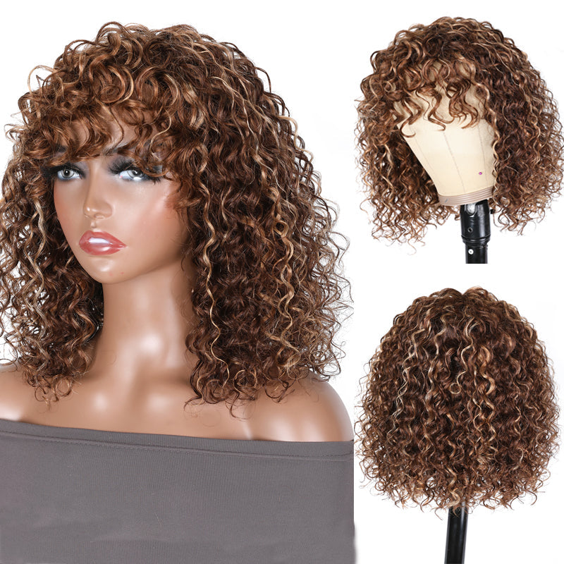 Highlight Fall Color Deep Wave Short Bob Human Hair Wigs With Bangs