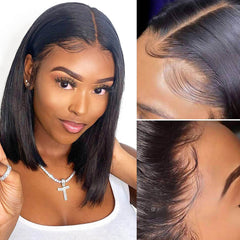 Short Straight Lace Bob Wig Natural Black Pre Plucked With Baby Hair Human Hair Wig