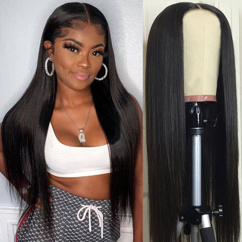 Straight 14A 4X4 Lace Closure Human Hair Wigs Unprocessed Middle Part Lace Part Wig 150% Density