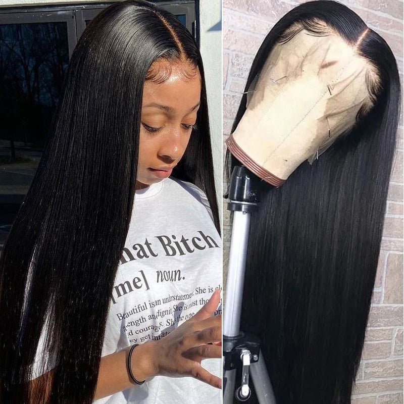 Frontal Silk Straight 13x4 Lace Wigs Human Hair Natural Black Color 150% 180% Density