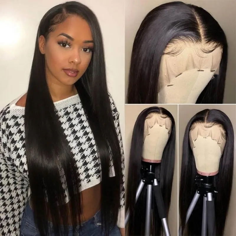 Frontal Silk Straight 13x4 Lace Wigs Human Hair Natural Black Color 150% 180% Density