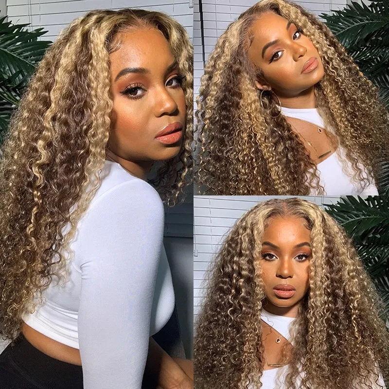 Trendiest Blonde Highlight 13 By 4 T Part Lace Front Wigs Curly Human Hair Wigs