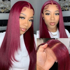 Silk Straight 99J Human Hair 13x4 Frontal Lace Wigs Hand Tied Lace Part Wigs For Woman