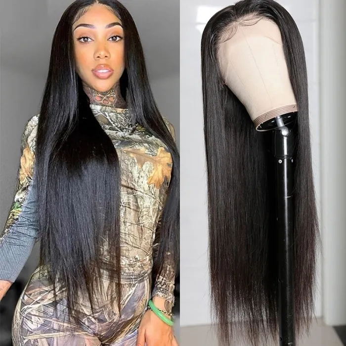 Frontal Silk Straight 13x4 Lace Wigs Human Hair Natural Black Color 150% 180% Density