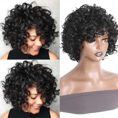 Fluffy Curls Short Human Hair Wigs with Bangs Glueless Pixie Cuts Wigs