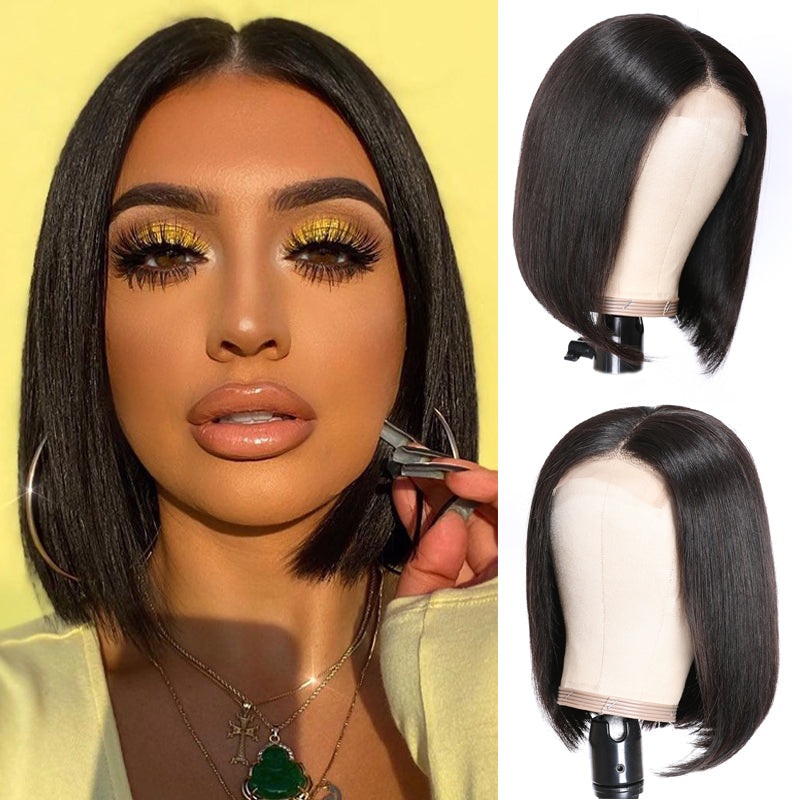 Short Straight Bob Wigs 4x4 Lace Closure Front Wigs Pre-Plucked Virgin Human Hair Wigs 150% Density