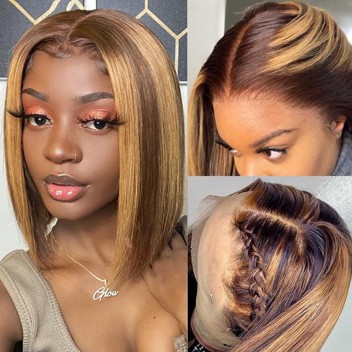 Brown Highlight Straight Bob 13x4 Lace Front Wig Piano Color Human Hair