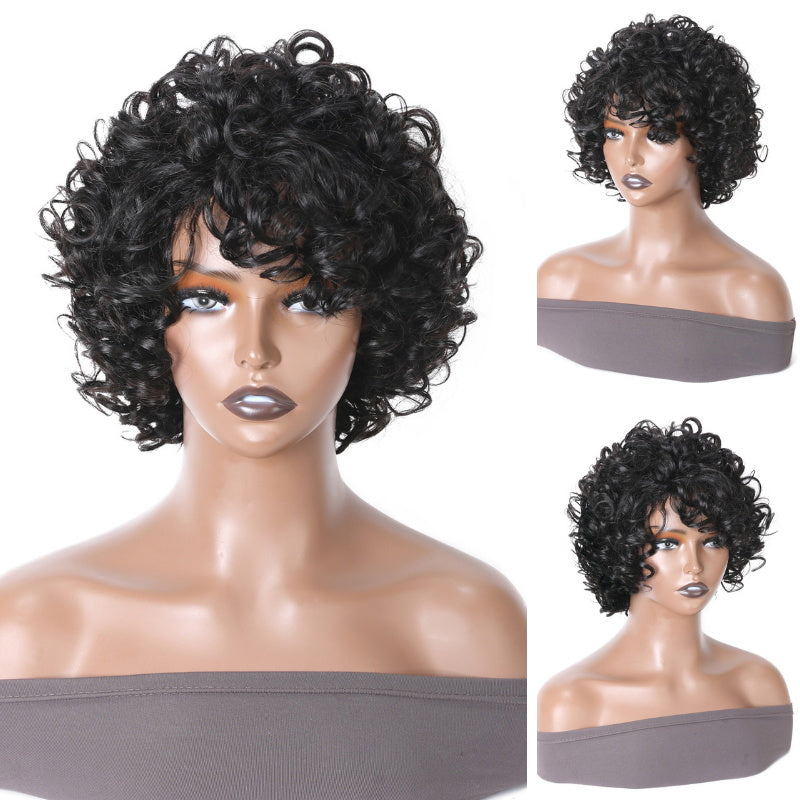 Fluffy Curls Short Human Hair Wigs with Bangs Glueless Pixie Cuts Wigs