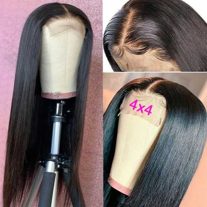 Silk Straight 4 By 4 Lace Closure Wigs 180% Density Human Hair Wigs