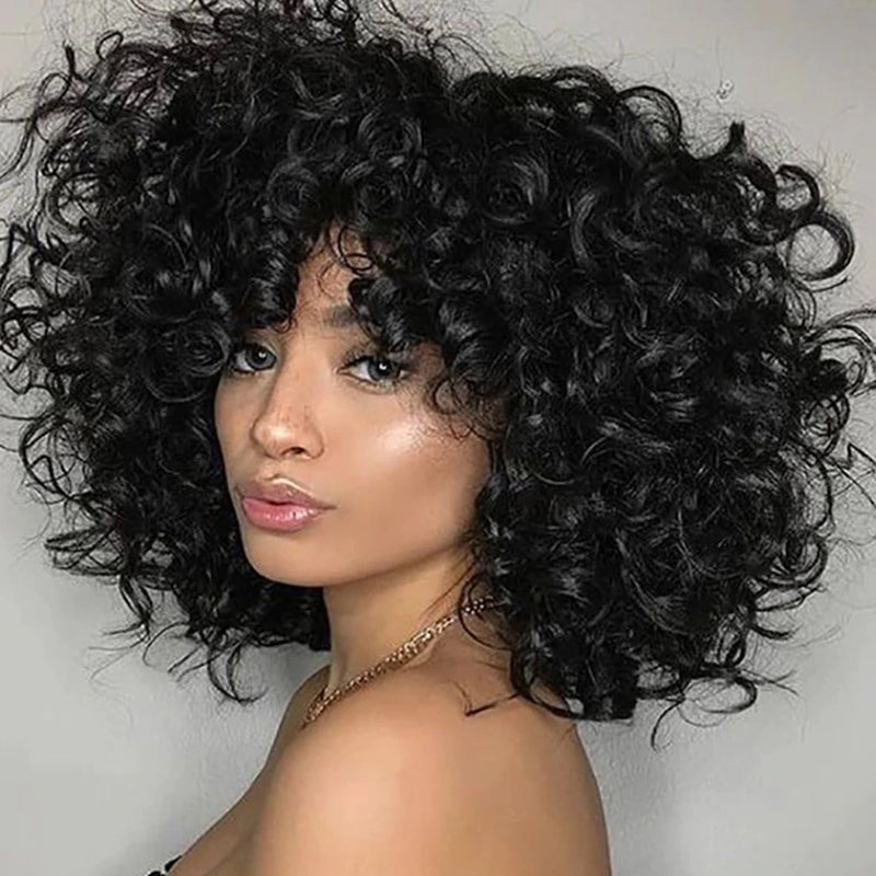 Glueless Pixie Cut Loose Bouncy Curls With Bangs Bob Wigs