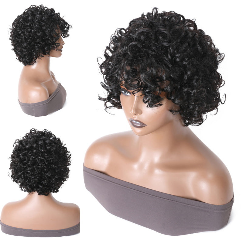 Fluffy Curls Short Human Hair Wigs with Bangs Glueless Pixie Cuts Wigs