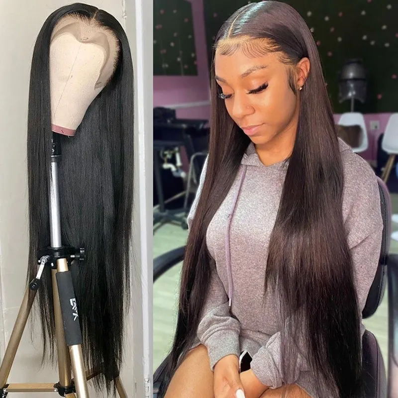 Frontal Silk Straight 13x4 Lace Wigs Human Hair Natural Black Color 150% 180% Density