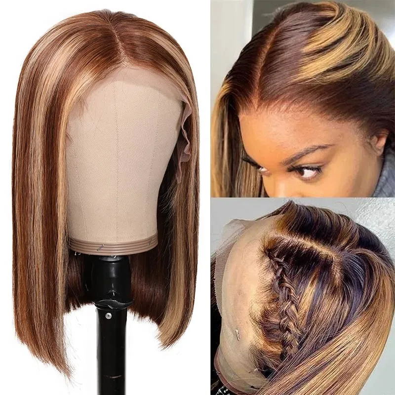 Brown Highlight Straight Bob 13x4 Lace Front Wig Piano Color Human Hair