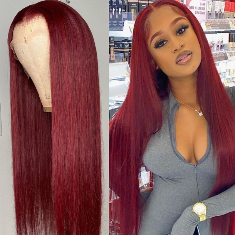 99J Hand Tied Hair Line Lace Part Wig Long Straight Burgundy Red Human Hair Wigs