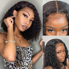 Short Curly Bob 4x4 Lace Closure Wig Thick Human Hair Bob Wigs