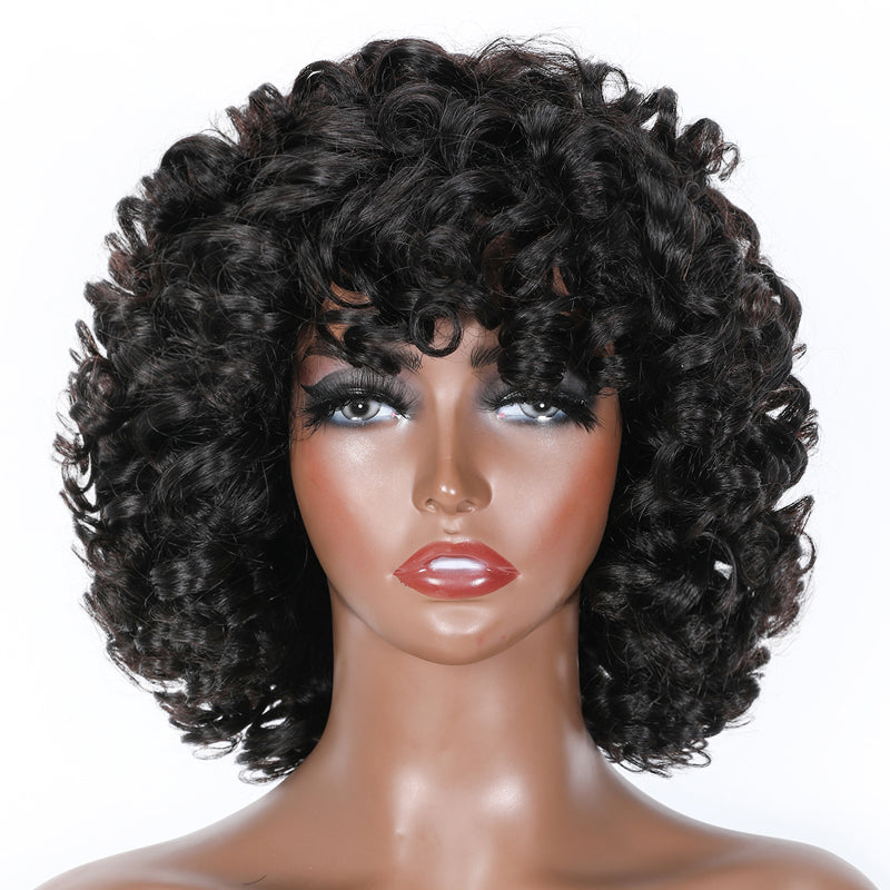 Glueless Pixie Cut Loose Bouncy Curls With Bangs Bob Wigs