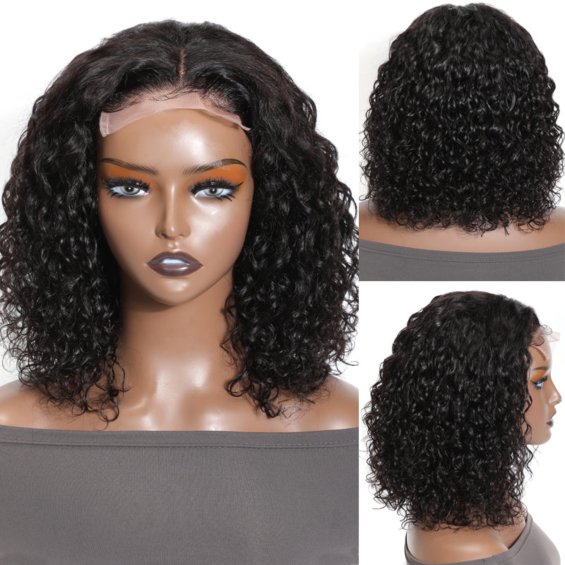 Thick Water Wave Short Bob Wigs 4 By 4 Lace Closure Bob Human Hair Wigs 200% Destiny Volume