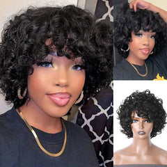 Fluffy Curls Short Human Hair Wigs with Bangs Glueless Pixie Cuts Wigs