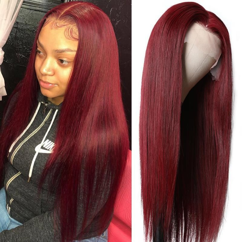 99J Hand Tied Hair Line Lace Part Wig Long Straight Burgundy Red Human Hair Wigs