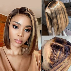 Brown Highlight Straight Bob 13x4 Lace Front Wig Piano Color Human Hair