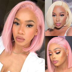 613 Blonde/Pink 13x4 Short Bob Lace Front Wig Straight Hair