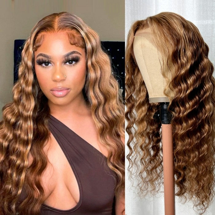 Honey Blonde Highlight Piano 13x4 Lace Front Wig With Deep Wave Human Hair Wig