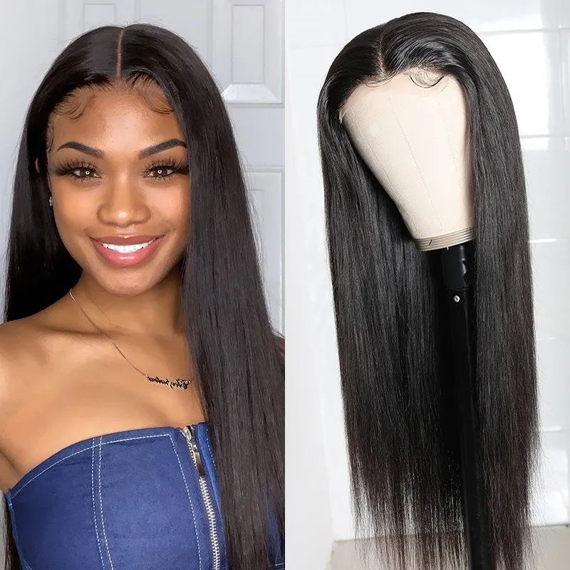 Straight 14A 4X4 Lace Closure Human Hair Wigs Unprocessed Middle Part Lace Part Wig 150% Density