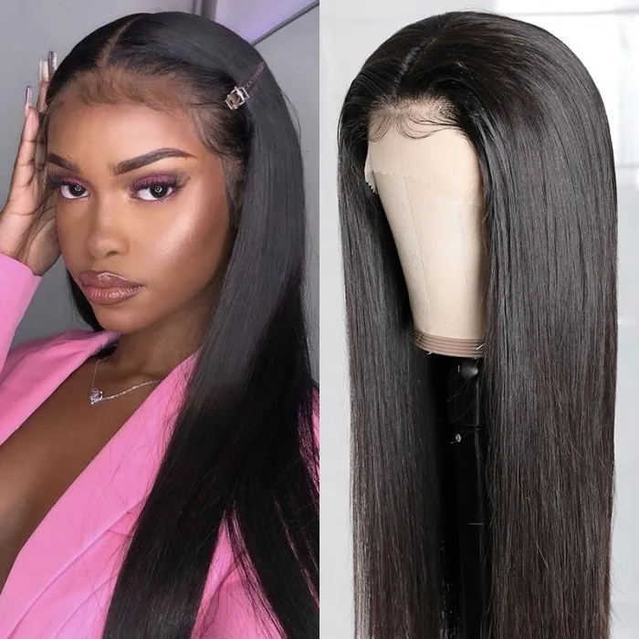 Straight 14A 4X4 Lace Closure Human Hair Wigs Unprocessed Middle Part Lace Part Wig 150% Density