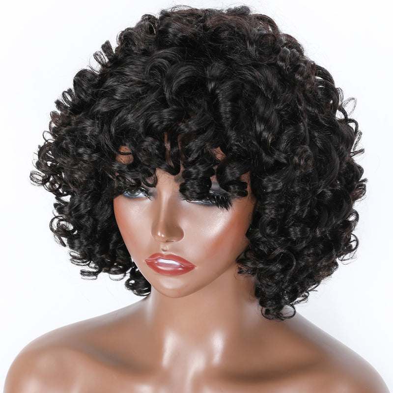 Glueless Pixie Cut Loose Bouncy Curls With Bangs Bob Wigs