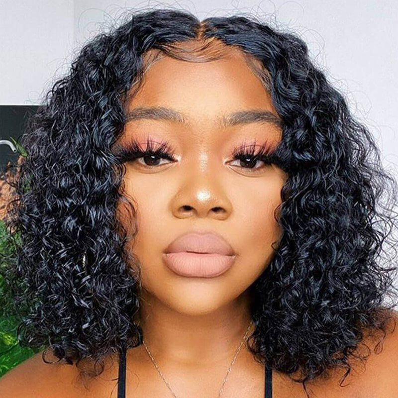 Thick Water Wave Short Bob Wigs 4 By 4 Lace Closure Bob Human Hair Wigs 200% Destiny Volume