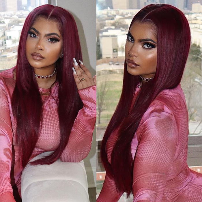 99J Hand Tied Hair Line Lace Part Wig Long Straight Burgundy Red Human Hair Wigs