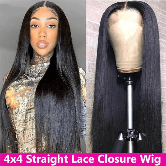 Silk Straight 4 By 4 Lace Closure Wigs 180% Density Human Hair Wigs