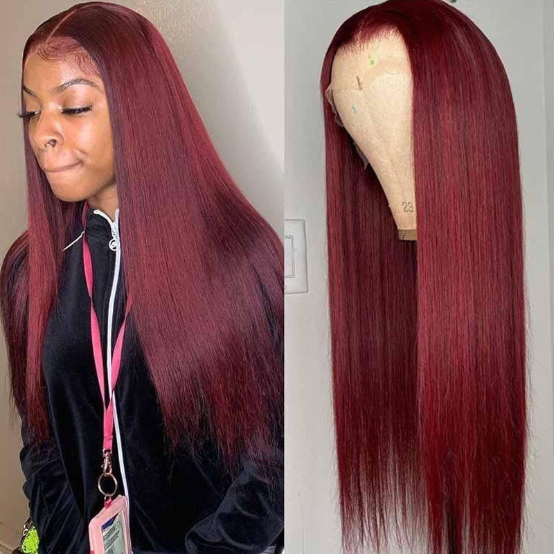 99J Hand Tied Hair Line Lace Part Wig Long Straight Burgundy Red Human Hair Wigs