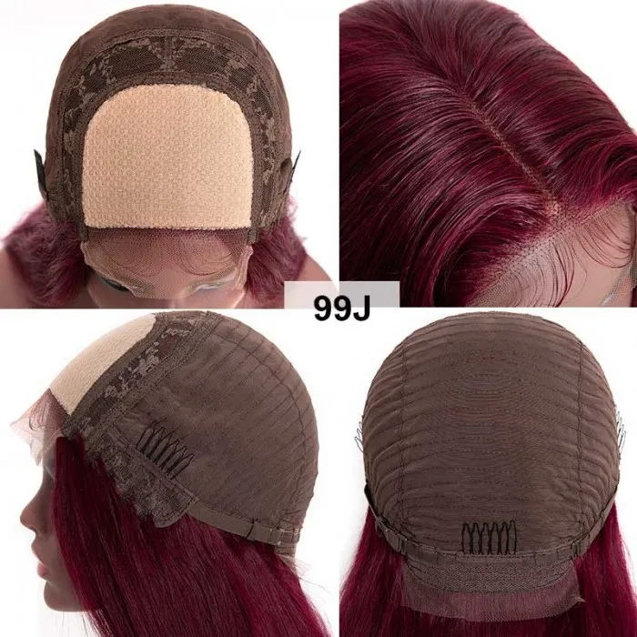 99J Hand Tied Hair Line Lace Part Wig Long Straight Burgundy Red Human Hair Wigs