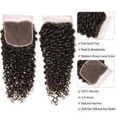 Black Curly Hair 3 Bundles with 4x4 Lace Closure 100% Virgin Human Hair Weave