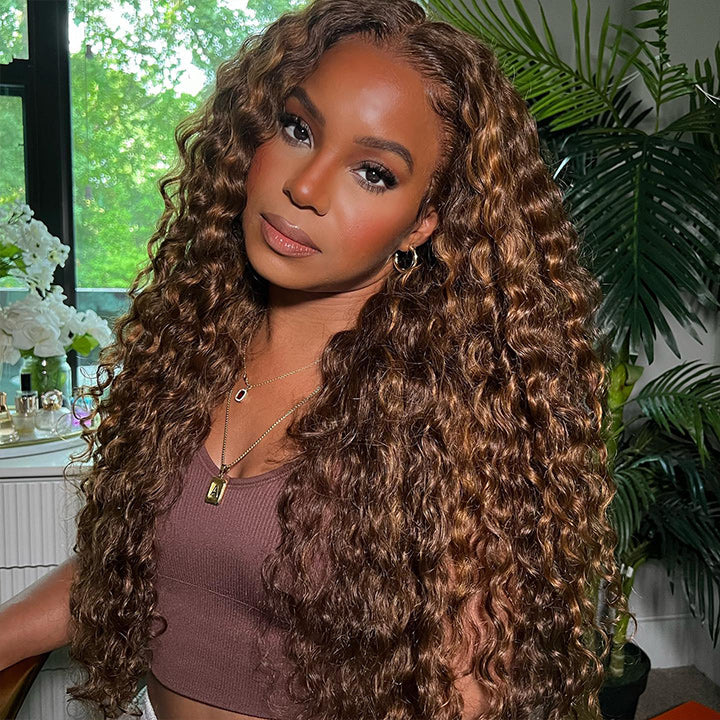 Deep Wave Lace Front Wig 4/27 Highlight Brown With Blonde Deep Curly Human Hair Wigs