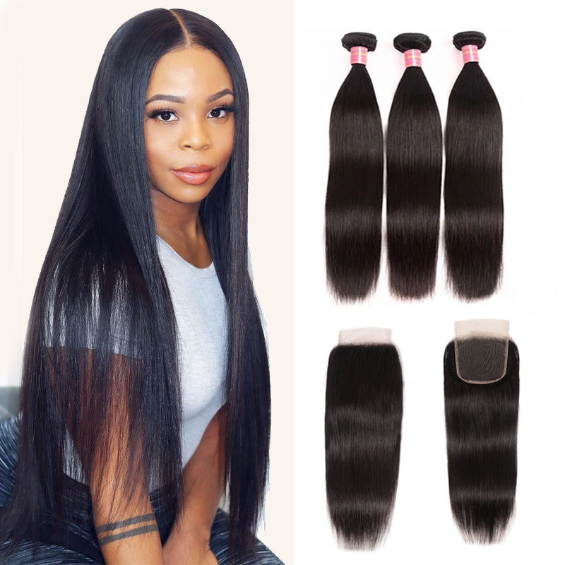 13A Silky Straight 3 Bundles With 4x4 Lace Closure Human Hair Weaves Virgin Silky Straight